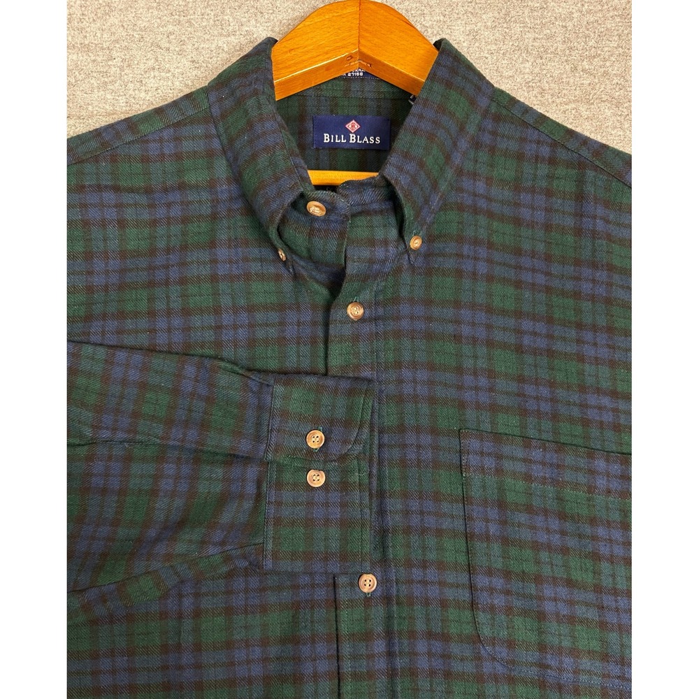 Bill Blass Flannel Shirt Mens XL Blackwatch Blue Green Plaid Button Down Cotton